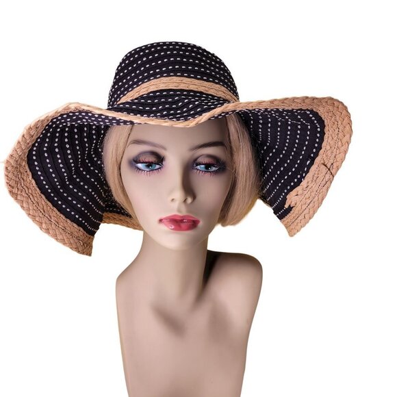BIG Brim Black White Natural Straw colored Raffia Edged Floppy Hat - Picture 6 of 10
